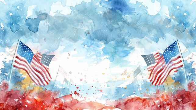 Watercolor patriotic background with two American flags and red, white, and blue splatters.