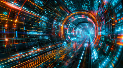 Obraz premium Futuristic Digital Data Tunnel. A visually striking tunnel filled with colorful digital data streams, representing high-speed data transfer and advanced technology in a futuristic setting.