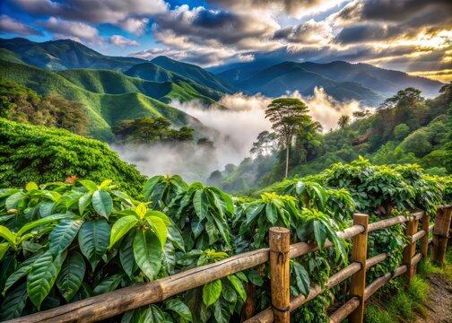 Vibrant green coffee plants stretch towards the sky amidst rustic wooden fences and misty Andean mountains in Colombia's picturesque coffee region countryside.