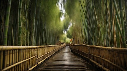 Obraz premium A path with dense bamboo groves on both sides. The pathway of miniature kyoto forest at summertime