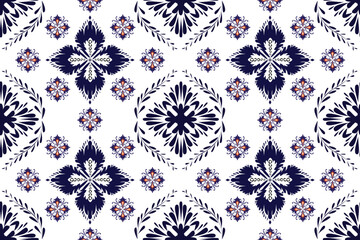 Seamless retro tribal fabric pattern with white background, blue pattern, use for textile or background image.