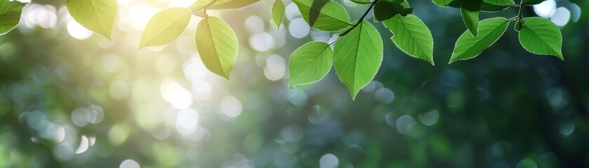 Sunlit garden view with green leaves, blurred nature background providing copy space for text