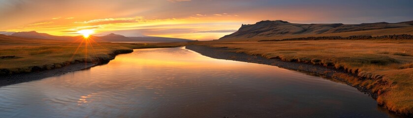 Panoramic landscape of Vestgciar mountain in Iceland, with its reflection in the water at sunset