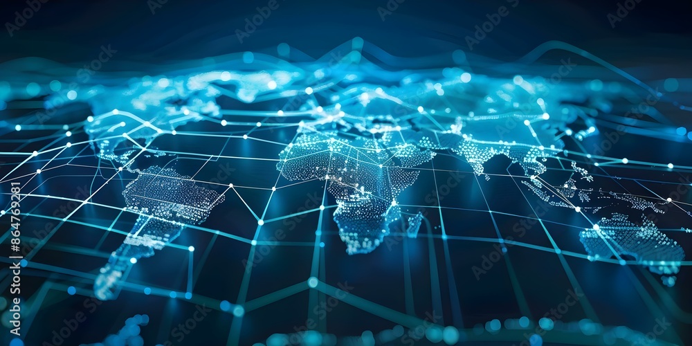 Poster digital world map showing global network connectivity and ai technology information exchange. concep