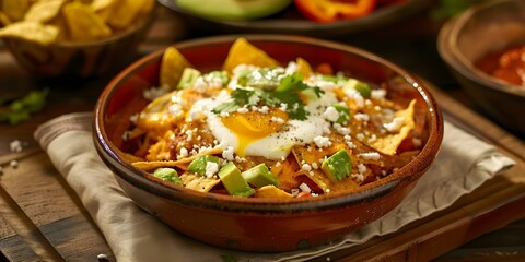 Authentic Mexican breakfast dish of chilaquiles a flavorful and satisfying meal. Concept Mexican Cuisine, Breakfast, Traditional Dish, Chilaquiles, Authentic Flavor