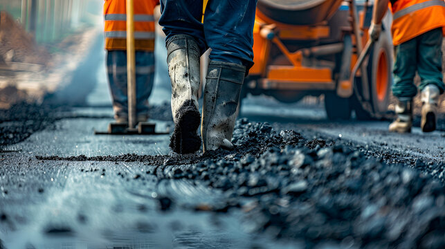 Road construction workers laying down fresh asphalt on a highway, teamwork concept.