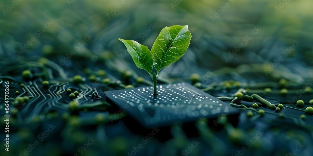 Poster fusing technology and nature a computer chip symbolizing new life. concept technology in nature, com