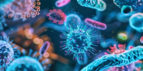 Different types of microorganisms under a microscope in Macro Microbiology. Concept Bacteria, Fungi, Protists, Algae, Viruses