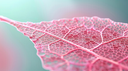 Obraz premium Close-up image of a delicate pink leaf with intricate veining, set against a soft pastel background. Nature's beauty in detail.