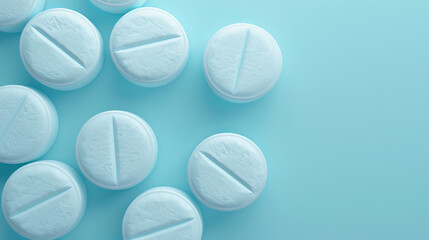 Close-up image of round blue pills on a light blue background, showcasing medication and healthcare concept.