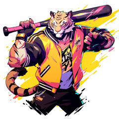 Anthropomorphic Tiger with Baseball Bat in Varsity Jacket