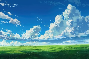 Obraz premium Beautiful blue sky with fluffy white clouds over a green grassy field. Natural landscape with scenic sky and fresh green grass. Concept of tranquility and peace.