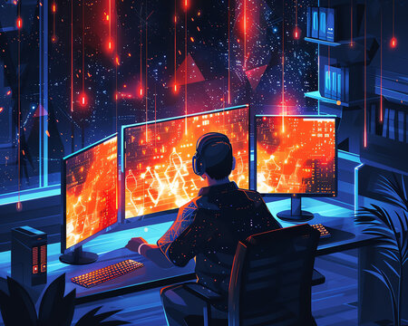 A gamer sitting in front of three computer monitors playing an intense video game.