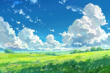 Obraz premium Beautiful landscape of rolling green hills with fluffy white clouds in a blue sky. Concept of nature, freedom, peace, and serenity. Illustration of a summer day.