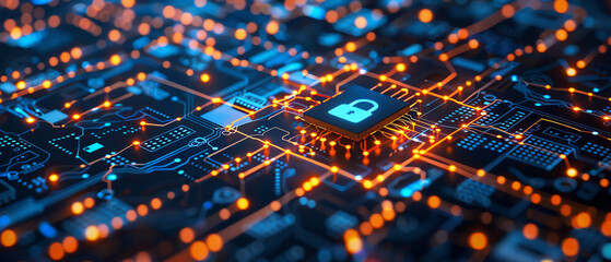 Fototapeta premium A computer chip with glowing orange and blue lights.