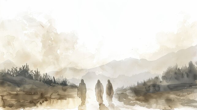 Jesus on the Road to Emmaus, Watercolor Style, Biblical Illustration of Faith and Journey, Beige Background, copyspace