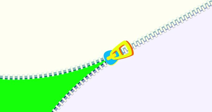 Zipper transition wipe curtain across light isolated background. Cartoon fastener binder animation preset. Motion design element. Business, art, education, science, fashion.
