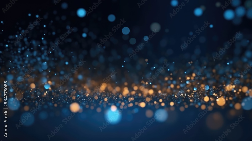 Poster the picture of vague visual of sparkling particles scattered across a deep blue and gold background,