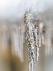 Transparent icicle on a gray background with copy space