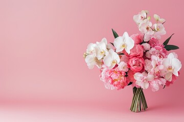Bouquet with peonies and orchids, right side, bold gradient background, luxurious and elegant