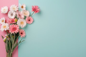 Bouquet with gerberas and daisies, left side, vibrant gradient background, fresh and charming
