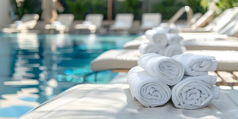 Luxury resort pool with white lounge chairs and towels for exclusive travelers. Concept Luxury Resorts, Poolside Relaxation, Exclusive Travelers, White Lounge Chairs, Towels