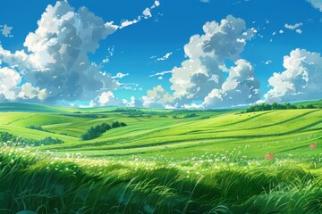 Obraz premium Beautiful landscape of green field with blue sky and white clouds, digital illustration art.