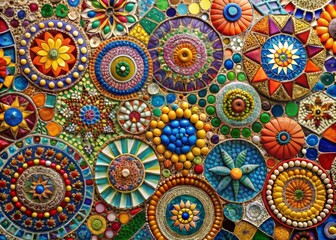 Vibrant mosaic of colorful shapes and patterns celebrates individuality, showcasing varied textures and hues to convey a sense of unity in diversity and inclusivity.