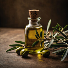 A deeply hydrating oil bottle with olive branches

