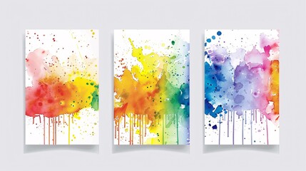 A set of three modern abstract art posters featuring vibrant watercolor splashes, displayed side by side on a clean white wall. Each poster showcases an array of colorful splatters and gradients,
