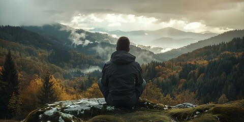 Fototapeta premium Contemplative Man Admiring Forested Hills Under Cloudy Sky. Concept Nature, Contemplation, Man, Forested Hills, Cloudy Sky