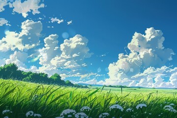 Fototapeta premium Stunning landscape with lush green grass, white flowers, and fluffy white clouds in a vibrant blue sky.