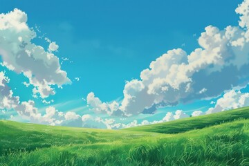 Beautiful landscape illustration of a green grassy meadow with white clouds against a bright blue sky