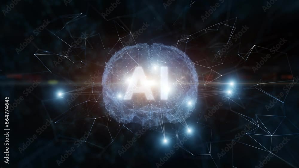 Poster ai brain on abstract digital technology network looped background.