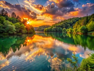 Serene orange-hued sunset casts a warm glow on the tranquil lake surface, surrounded by lush greenery in Sveta Nedelja, Croatia.