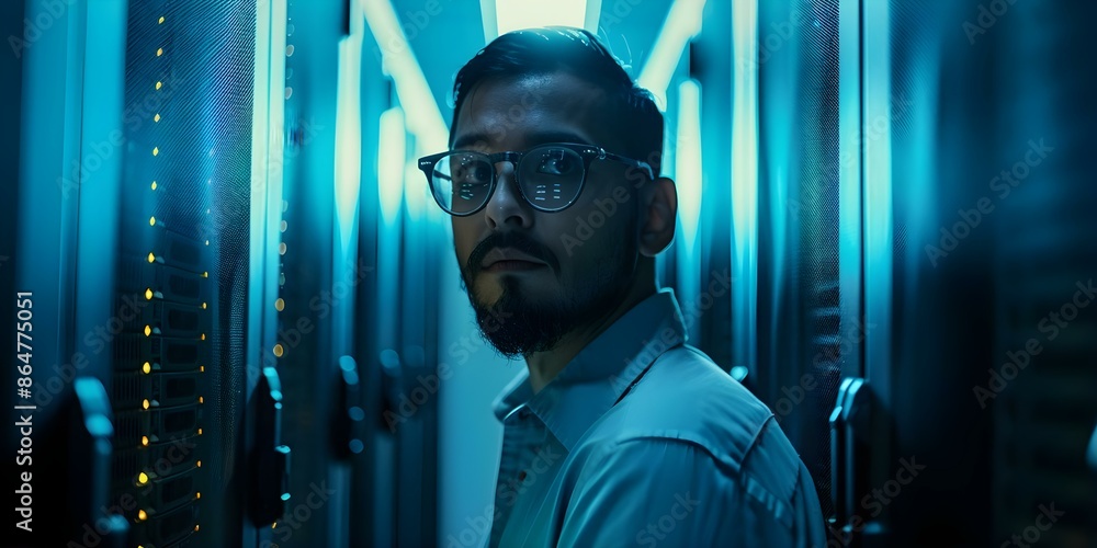 Poster ensuring network security in the server room a data center engineer's role in cybersecurity. concept