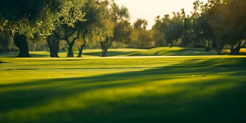 Fototapeta premium Tranquil Golf Course at Dusk Glowing in Warm Evening Light. Concept Outdoor Photoshoot, Nature Photography, Golden Hour, Sunset Views, Serene Landscapes