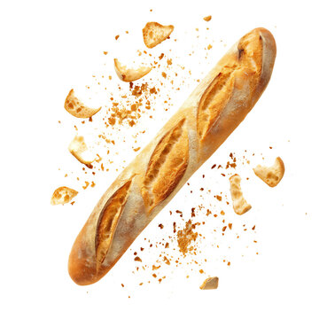 Baguette bread with falling crumbs isolated on transparent white background, clipping path