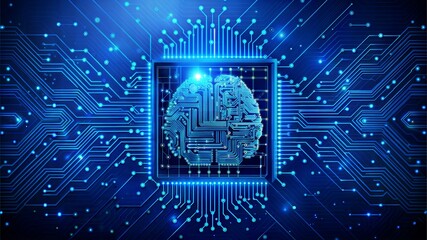 Digital AI chip integral into abstract technology brain on dark blue background. Circuit board tech bg. Low poly wireframe AI mind. Artificial Intelligence concept. Vector illustration with light neon