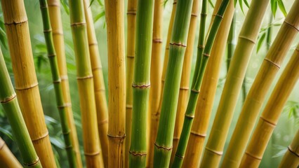 Close-up of Green and Yellow Bamboo Stalks.