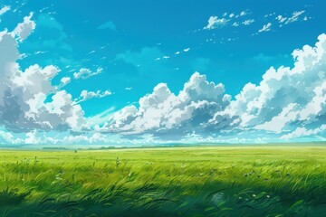 Obraz premium Beautiful scenery of a green field under a bright blue sky with fluffy white clouds. Peaceful and serene landscape with fresh green grass, perfect for background image or wallpaper