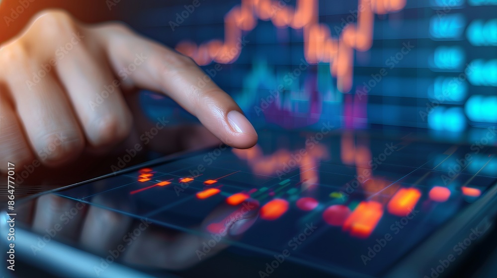 Poster close-up of a hand using a touchscreen device displaying a financial stock market chart with vibrant