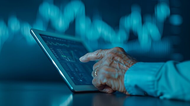 Closeup of a senior hand using a tablet with stock market data, emphasizing technology's role in financial trading and investing.