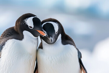 Naklejka premium Close-up of two Gentoo penguins cuddling in an icy landscape, showcasing their affection and the harsh beauty of their environment.
