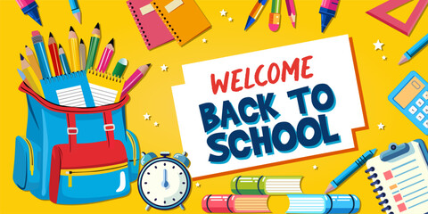 Back to school text vector template design. Welcome back to school greeting in yellow backgrund, with school backpack and various other stationery. © Ocha Designs