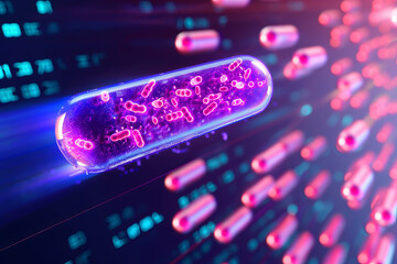 Digital illustration of futuristic medical capsule with micro-organisms. Concept of medicine, biotechnology, and digital healthcare.