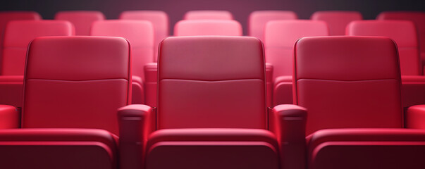 Obraz premium Empty red theater seats in a movie theater, ready for an audience. Perfect for cinema, film, or entertainment concepts.