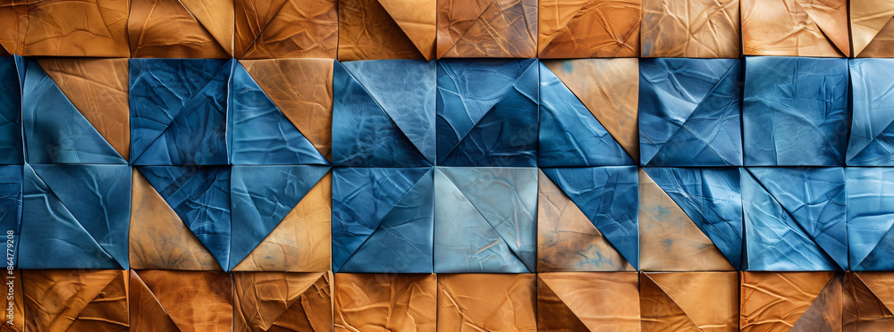 Poster a mosaic of leather in various colors and textures, arranged to create an abstract background with g