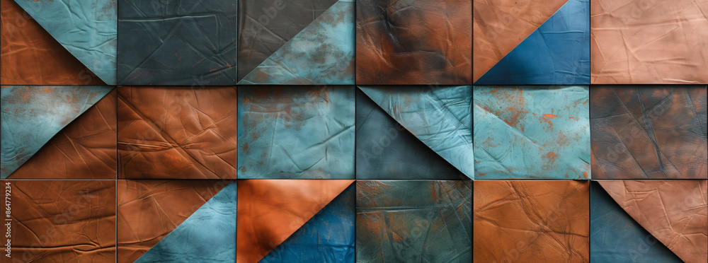 Poster a mosaic of leather in various colors and textures, arranged to create an abstract background with g