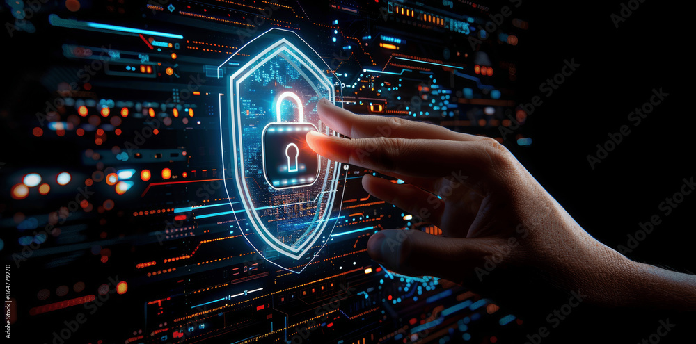 Poster finger touching shield with padlock icon on virtual screen futuristic security system data protectio